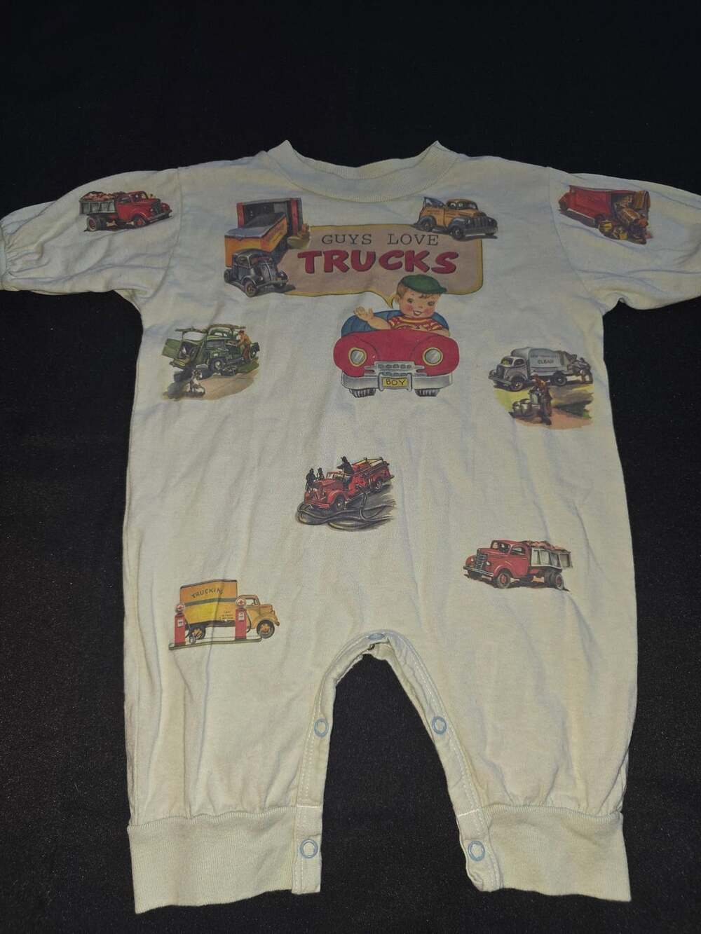 she's the one Guys Love Trucks Romper Size M Retro Vehicles Print